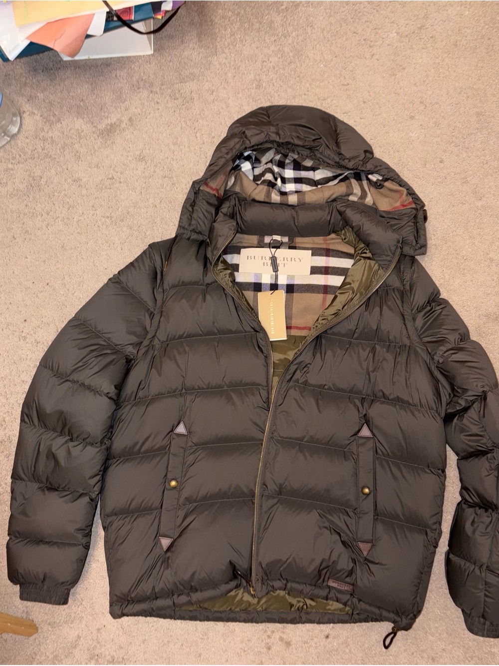Burberry Olive Green Quilted Hooded Puffer with Signature Check Lining